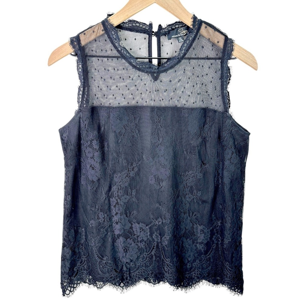 Suzanne‎ Betro Black Lace Dot Mesh Mock Neck Sleeveless Top Womens Size M